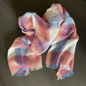 NWT Made In Italy 100% Linen Frayed Scarf Wrap Red Blue White Plaid 20 x 78 in